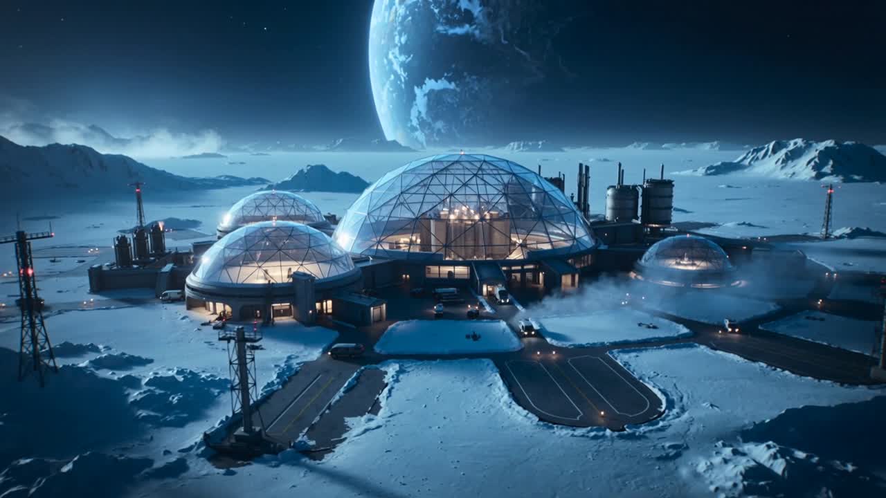 Inquadratura di una base polare a cupole multiple che si mantiene stabile mentre il rover si dirige verso l'ingresso della cupola centrale.