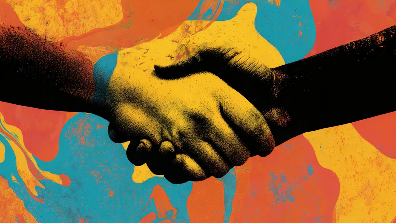 A Colorful Symbol of Unity and Cooperation Through a Handshake, Capturing the Essence of Shared Goals and Collaborative Spirit Against a Background of Vibrant Abstract Patterns and Colors