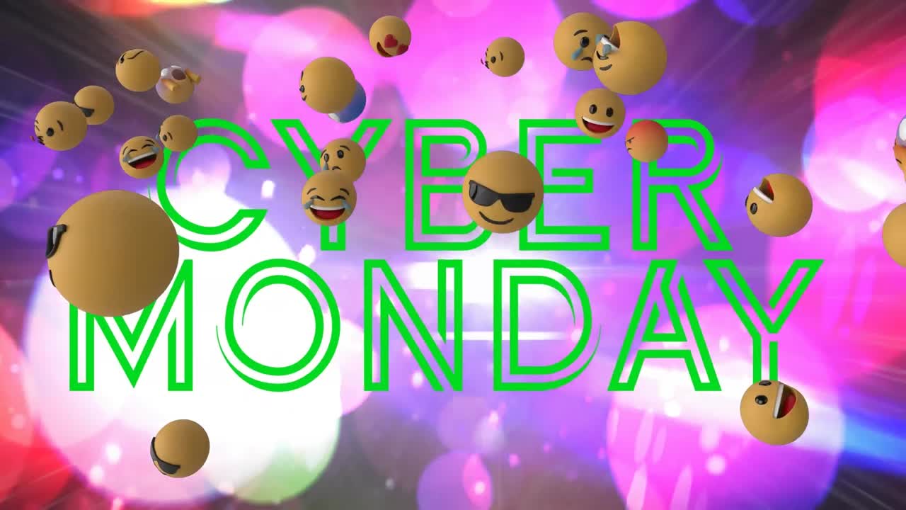 사이버 월요일 텍스트 위에 떠다니는 다수의 얼굴 이모지 bokeh 조명의 다채로운 반점