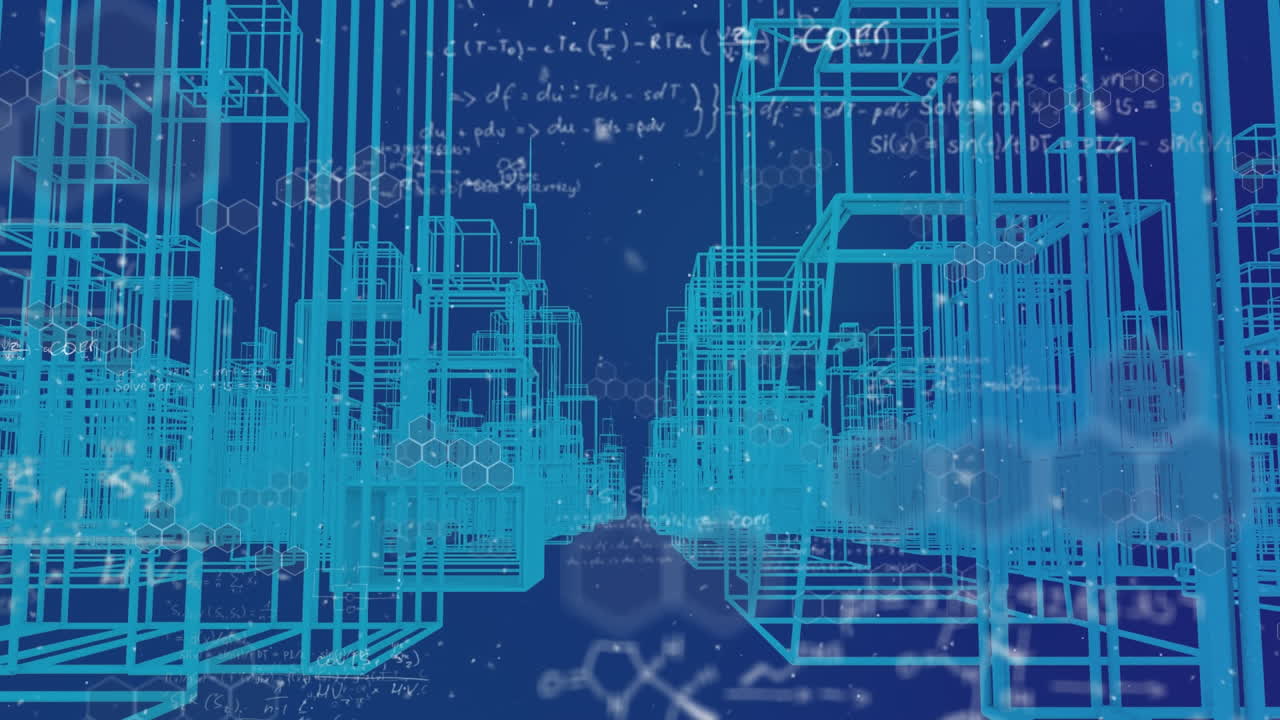 수학적 방정식과 디지털 도시 풍경 위에 내리는 눈의 애니메이션