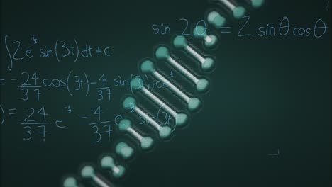 Animation-of-mathematical-equations-over-dna-strand-on-black-background