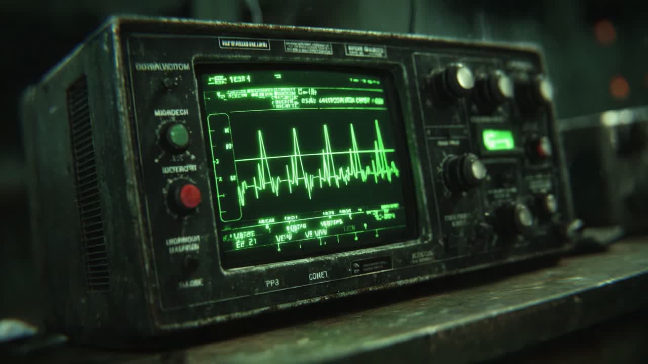 A Close-Up Exploration of an Antique Medical Monitoring Device Showing Heart Rate Patterns on Its Vintage Oscilloscope Display in a Dimly Lit Environment
