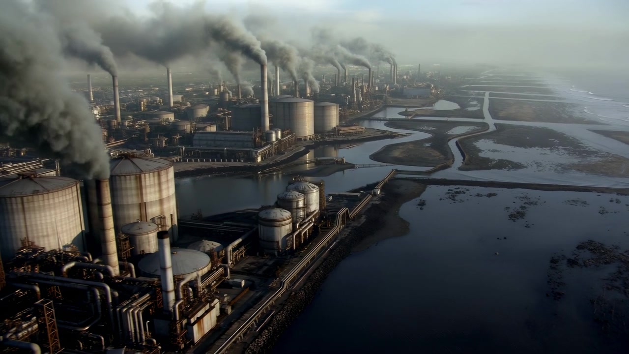 Aerial Industrial Refinery Releasing Dark Smoke, Multiple Chimneys Emitting Thick Plumes Over Coastal Wetland
