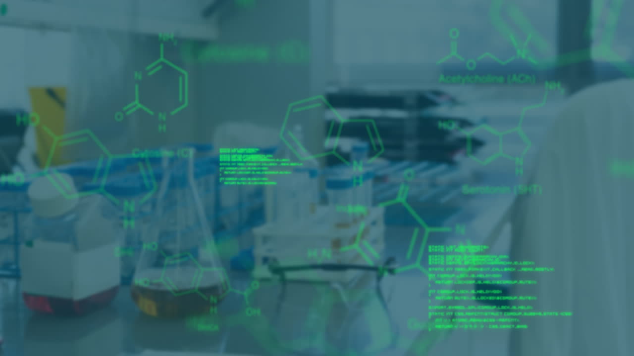 fórmulas químicas y estructuras moleculares que animan el equipo de laboratorio