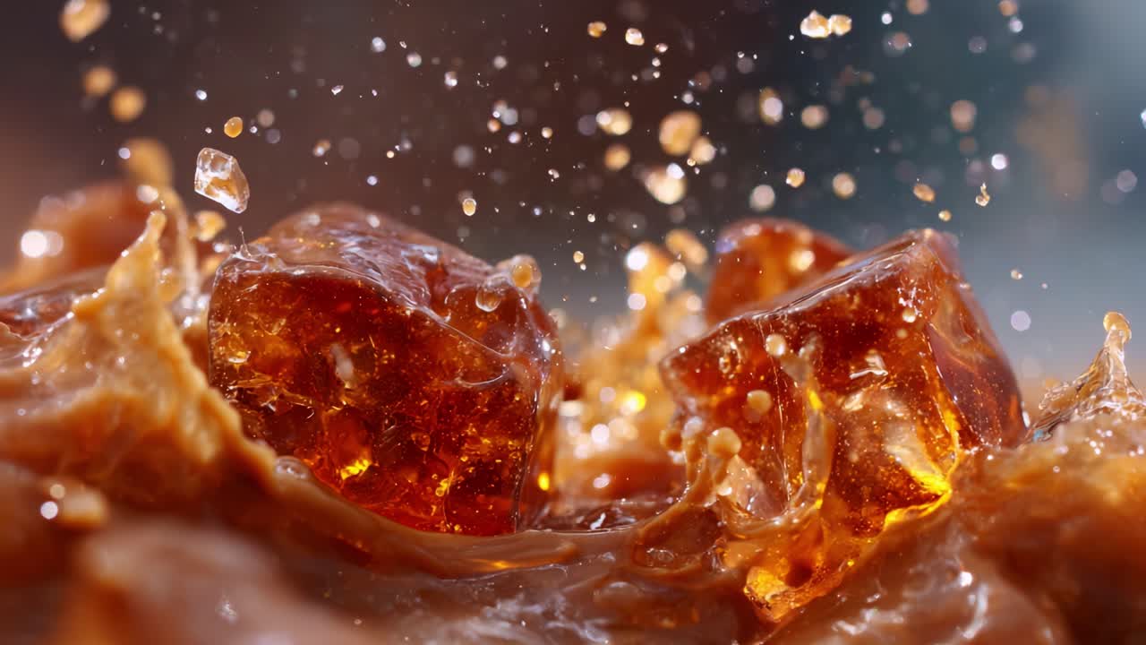 Un primo piano accattivante di cubetti di ghiaccio che vengono fatti cadere in un liquido, creando schizzi e goccioline in una straordinaria dimostrazione di texture e movimento