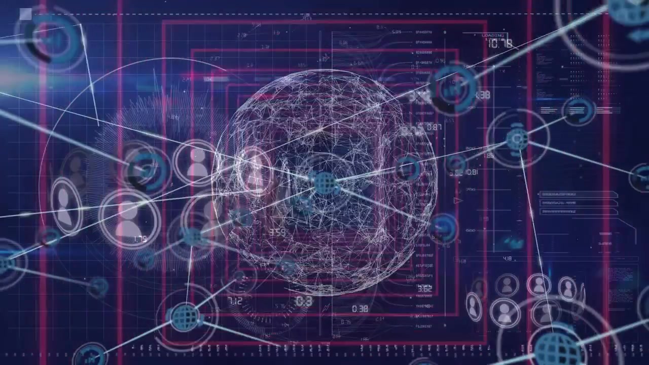 Animation of network of connections with icons over data processing on black background
