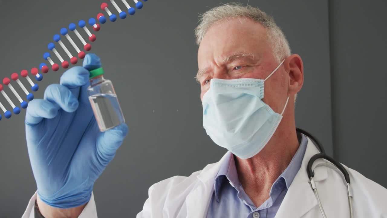 Senior doctor bringing vial into view, inspecting label with DNA helix overlay to verify lab sample