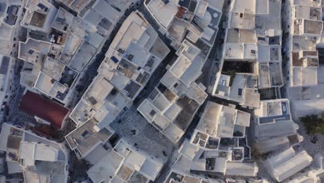 Top-down-shot-of-Mykonos-town-in-Greece-with-empty-alleys