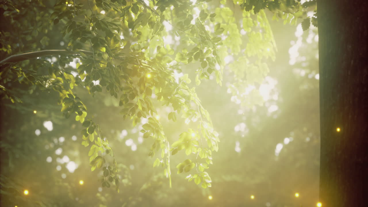Bright sunlight filtering through lush green leaves in a serene forest setting