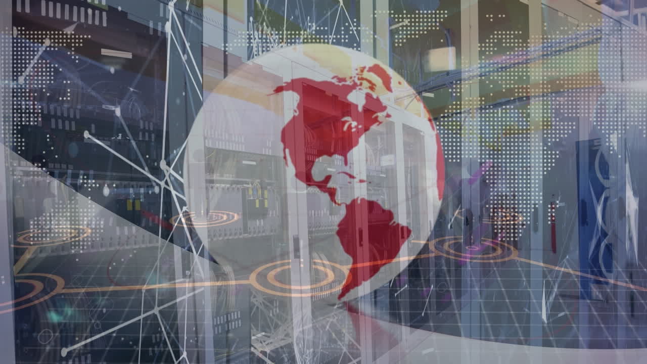 세계 지도, 연결 및 서버 객실 위에 회전하는 지구의 애니메이션