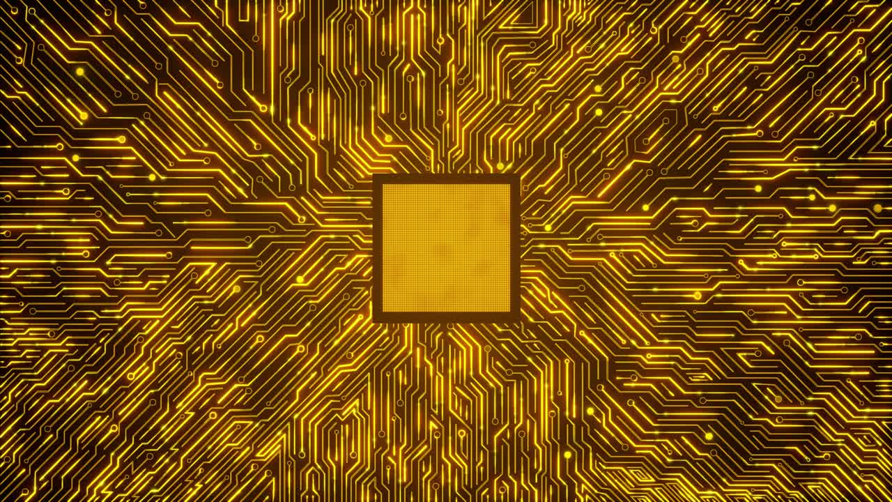 Golden High technology futuristic circuit board 3d looping 4K animation.