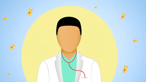 Animation-Des-Arztsymbols-über-Impfstofffläschchen-Auf-Blauem-Hintergrund