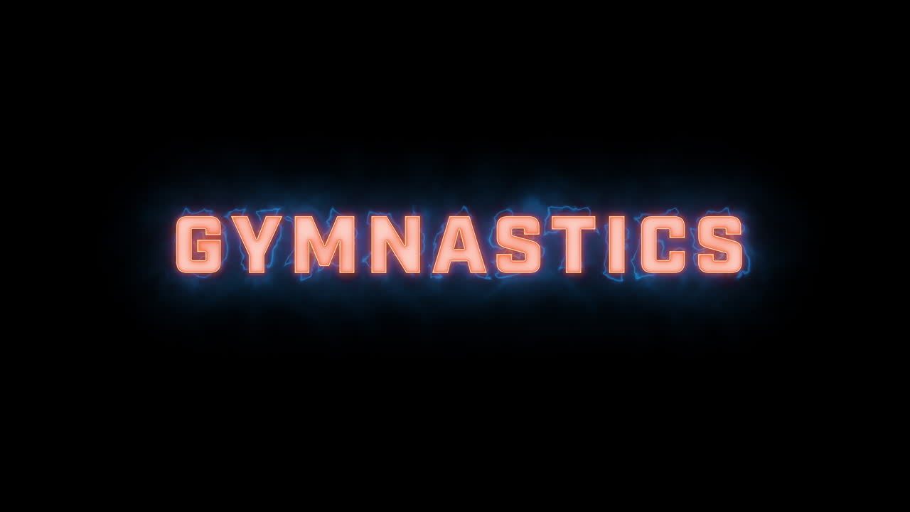 A short high quality motion graphic typographic reveal of the words "gymnastics" with various colour options on a black background, animated in and animated out with electric, misty elements