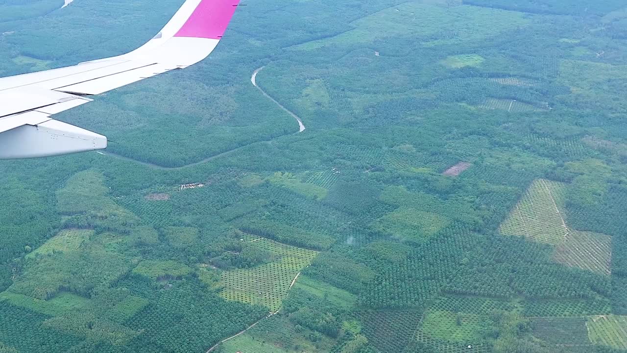Experience a bird's-eye view of expansive green farmland and winding roads from an airplane window.