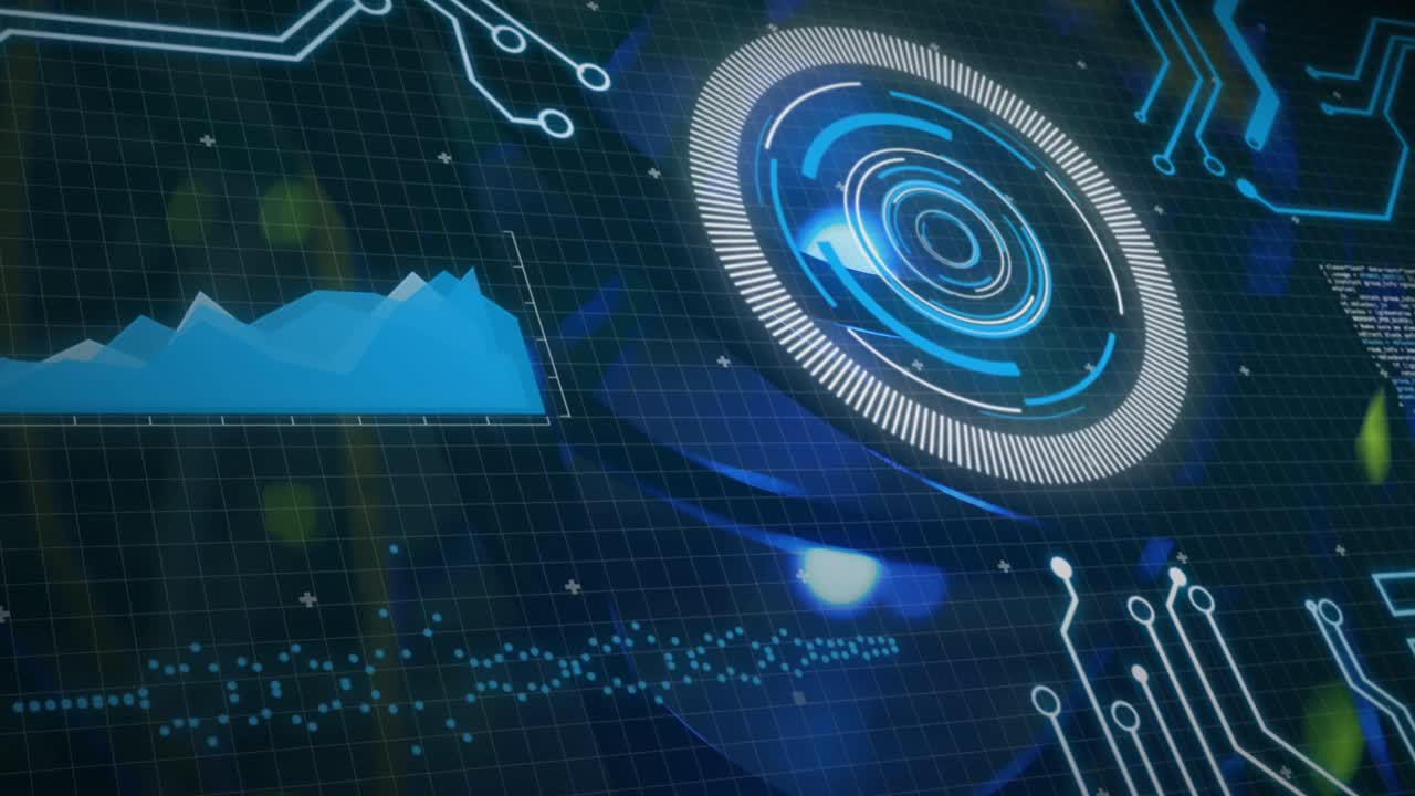 Animation of interface with data processing and round scanner over close up of a computer server