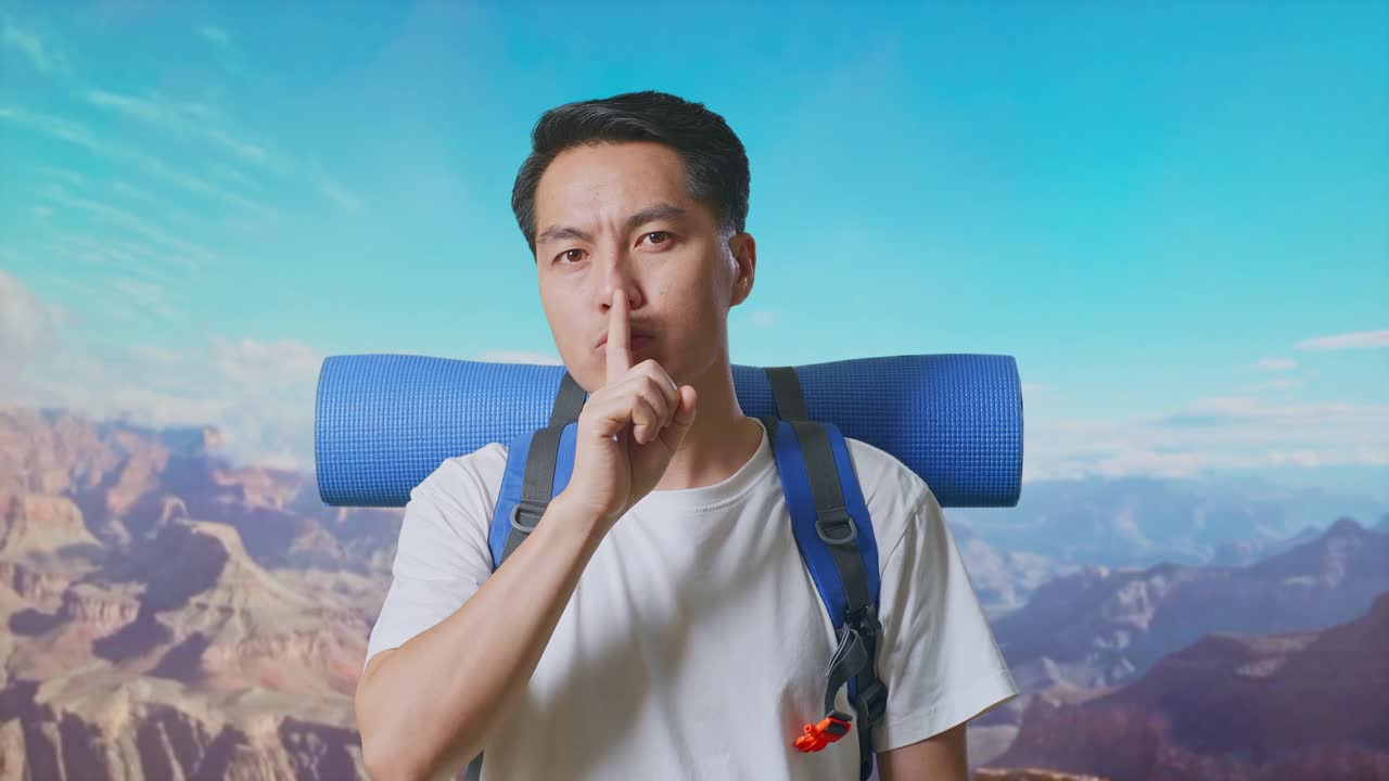 Close Up Of Asian Male Hiker With Mountaineering Backpack Looking At Camera And Making Shh Gesture While Traveling At The Top Of Mountain