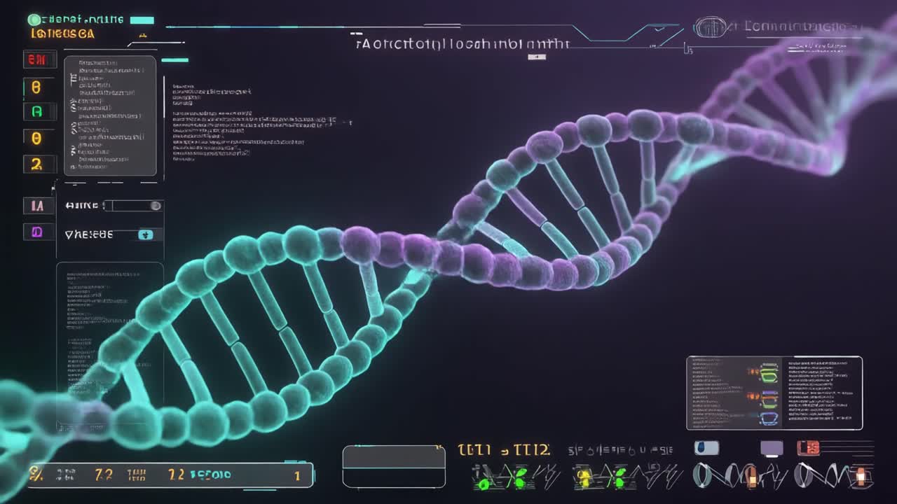 Rotating DNA Double Helix with Futuristic Digital Interface