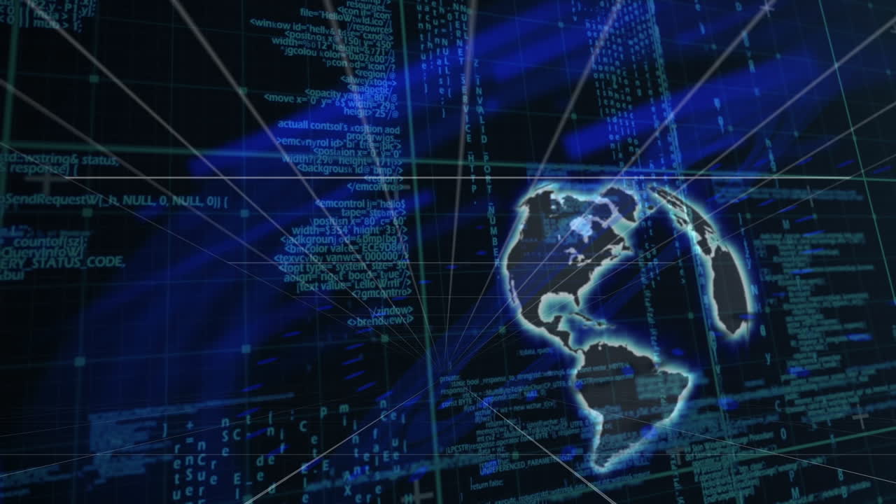 Animation of data processing and light trails over globe
