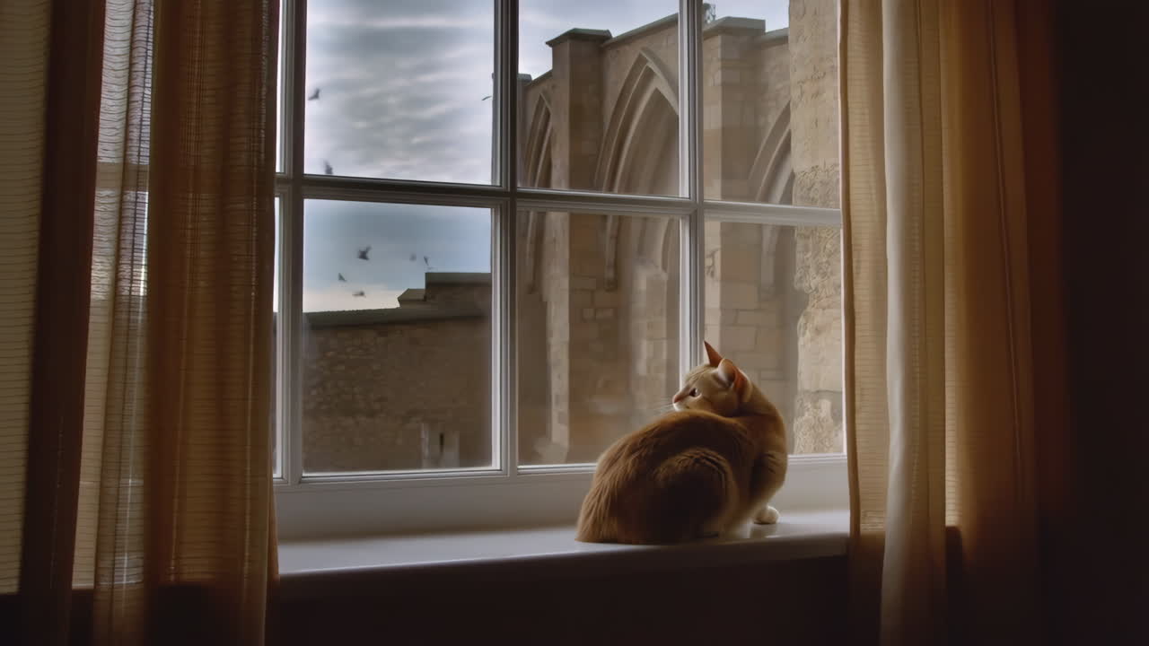 Orange Cat on Windowsill Looking Out at Stone Building and Birds