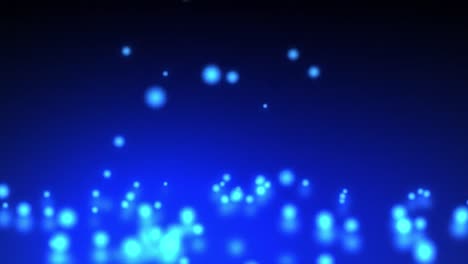 Animation-of-multiple-out-of-focus-glowing-blue-balls-of-spots-of-light-dropping-and-bouncing-on-blu