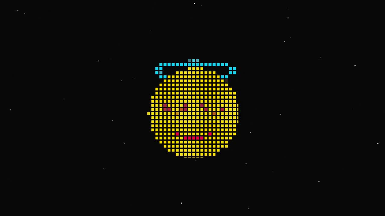 Pixel smile hud holographic symbol on digital old tv screen seamless loop glitch animation. Hearts. Dynamic retro and joyful. Colorful and vintage video footage.