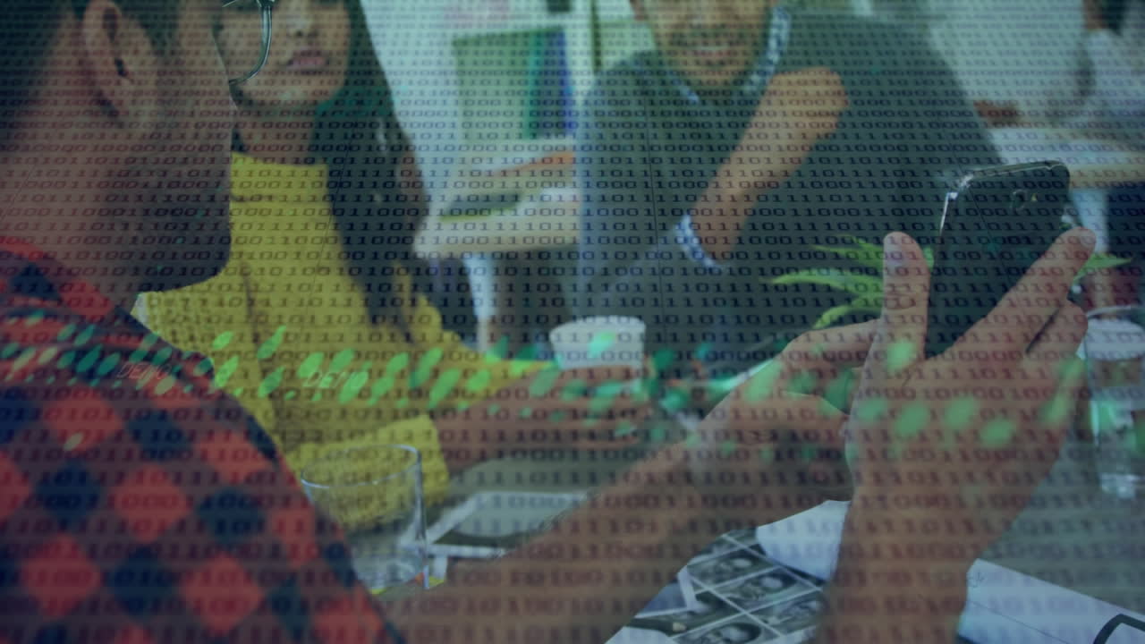 Animation of data processing over diverse business people in office