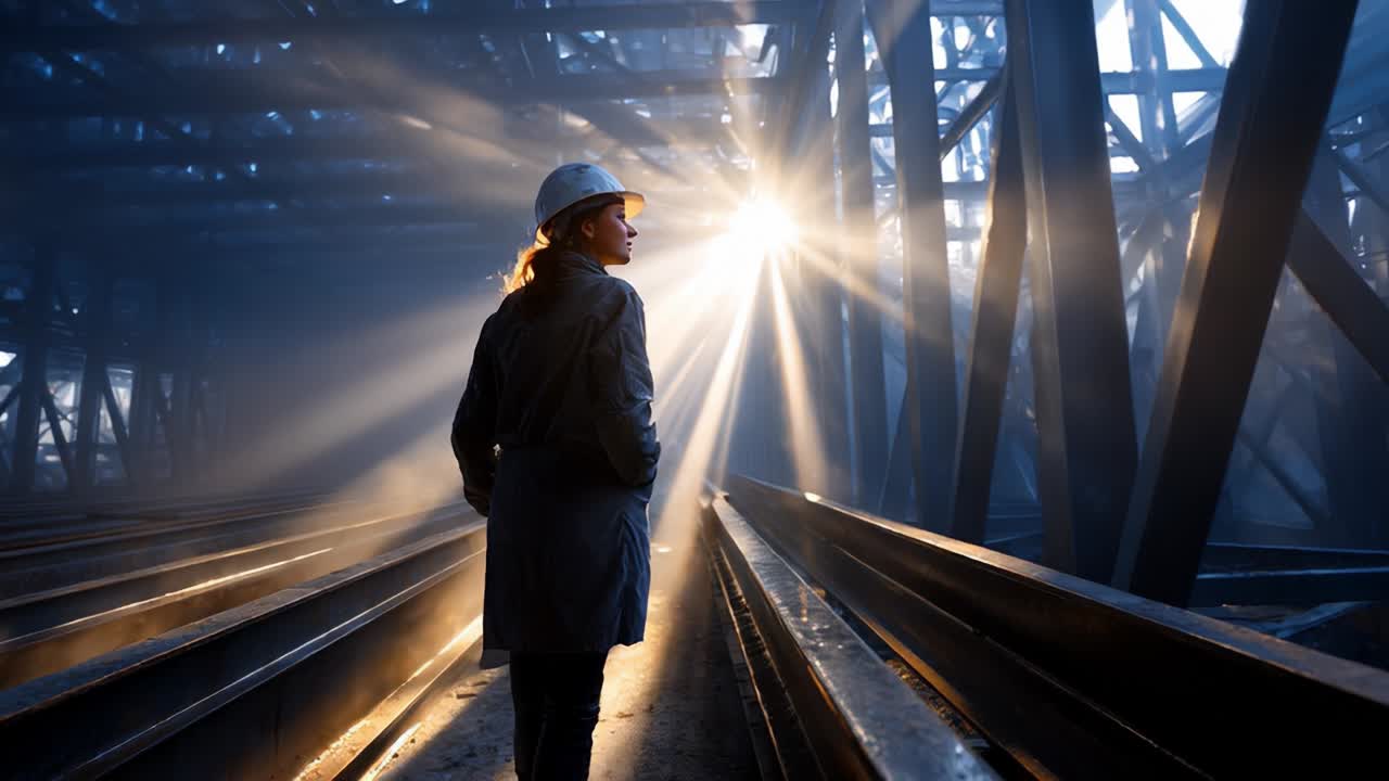 A lone figure in a safety helmet walks along a steel structure, illuminated by dramatic sunlight filtering through the beams, capturing the essence of determination and industrial innovation