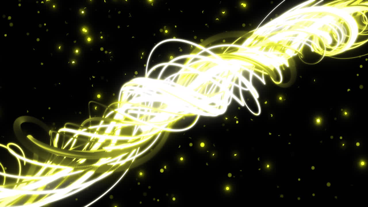 Animation of flashing yellow lights and light trails moving on black background