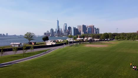 aerial pano of new york city financial district: view from governor's island