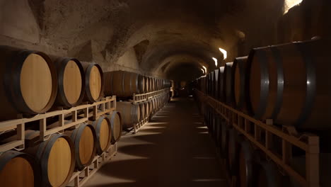 inside a dimly lit wine cellar with rows of wooden barrels
