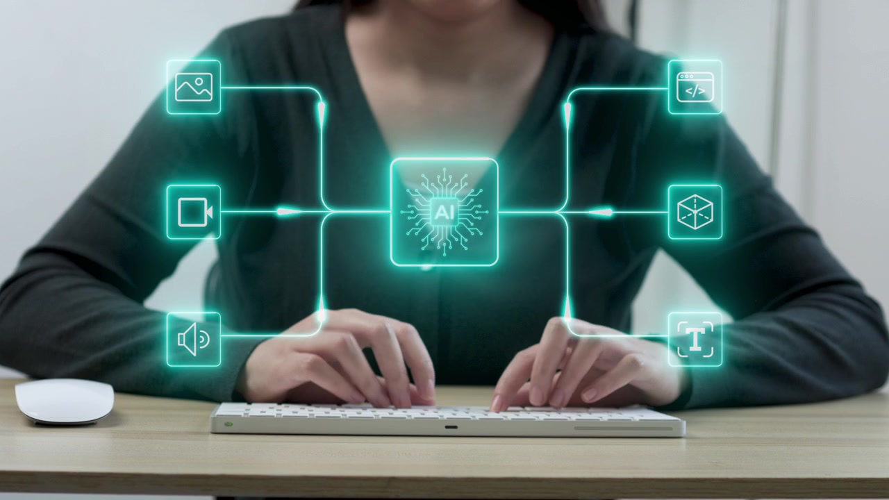 Donna che digita su portatile con rete di intelligenza artificiale