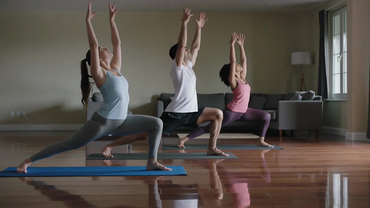 Su indicazione, istruttore che guida una sequenza di yoga a casa, trio in abiti sportivi su tappetini da yoga
