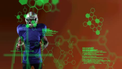 animación de estructuras químicas sobre un jugador de fútbol americano masculino sosteniendo la pelota