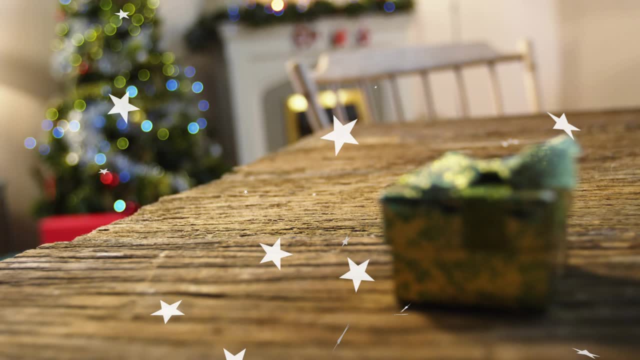 Sparkles emerging from left edge and swirling around gift box for holiday marketing visualization