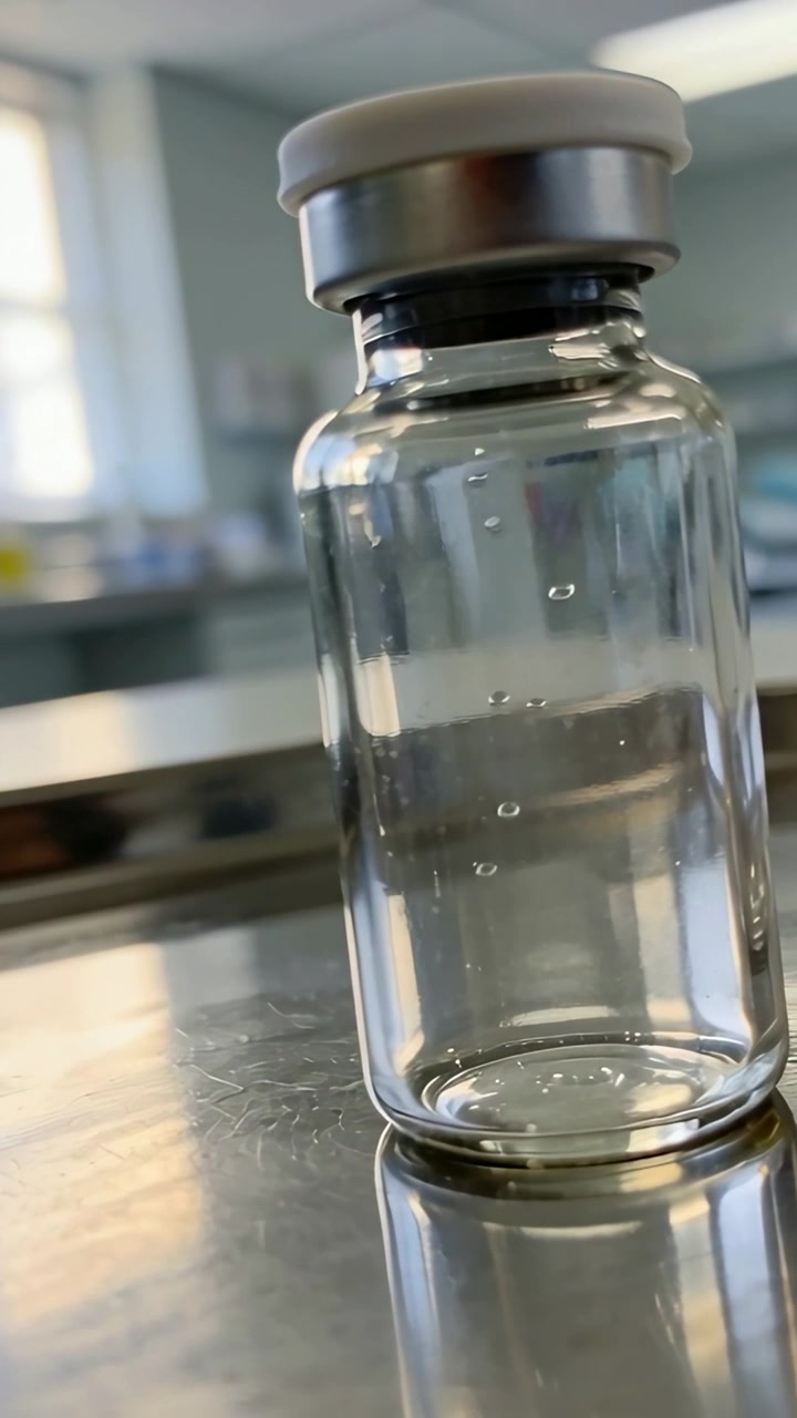Vertical video: Tilting camera showing glass vial with gray cap leaning on lab tray, with bubbles