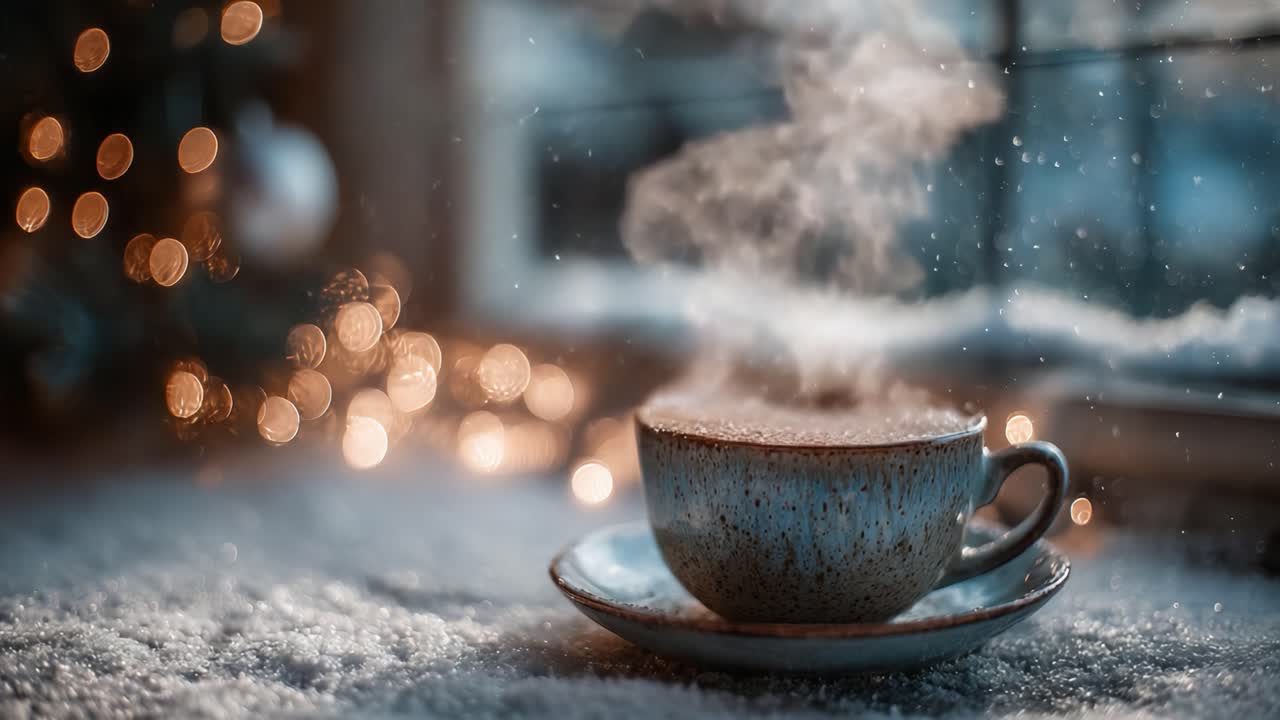 A warm, steaming cup of tea or coffee sits elegantly on a snow-covered surface, surrounded by festive lights, evoking a cozy winter atmosphere