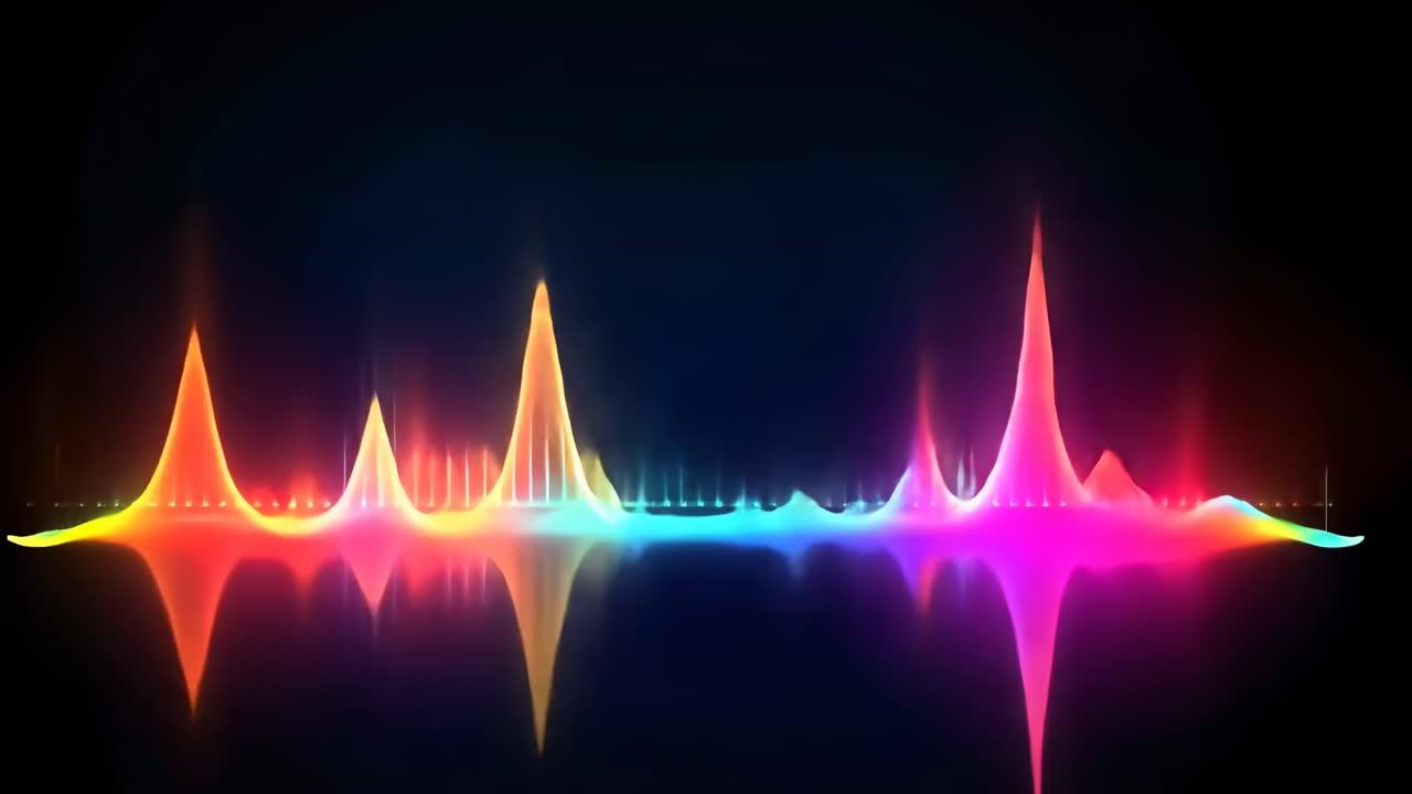 Colorful soundwave pattern on a black background, viewed from a straight-on angle