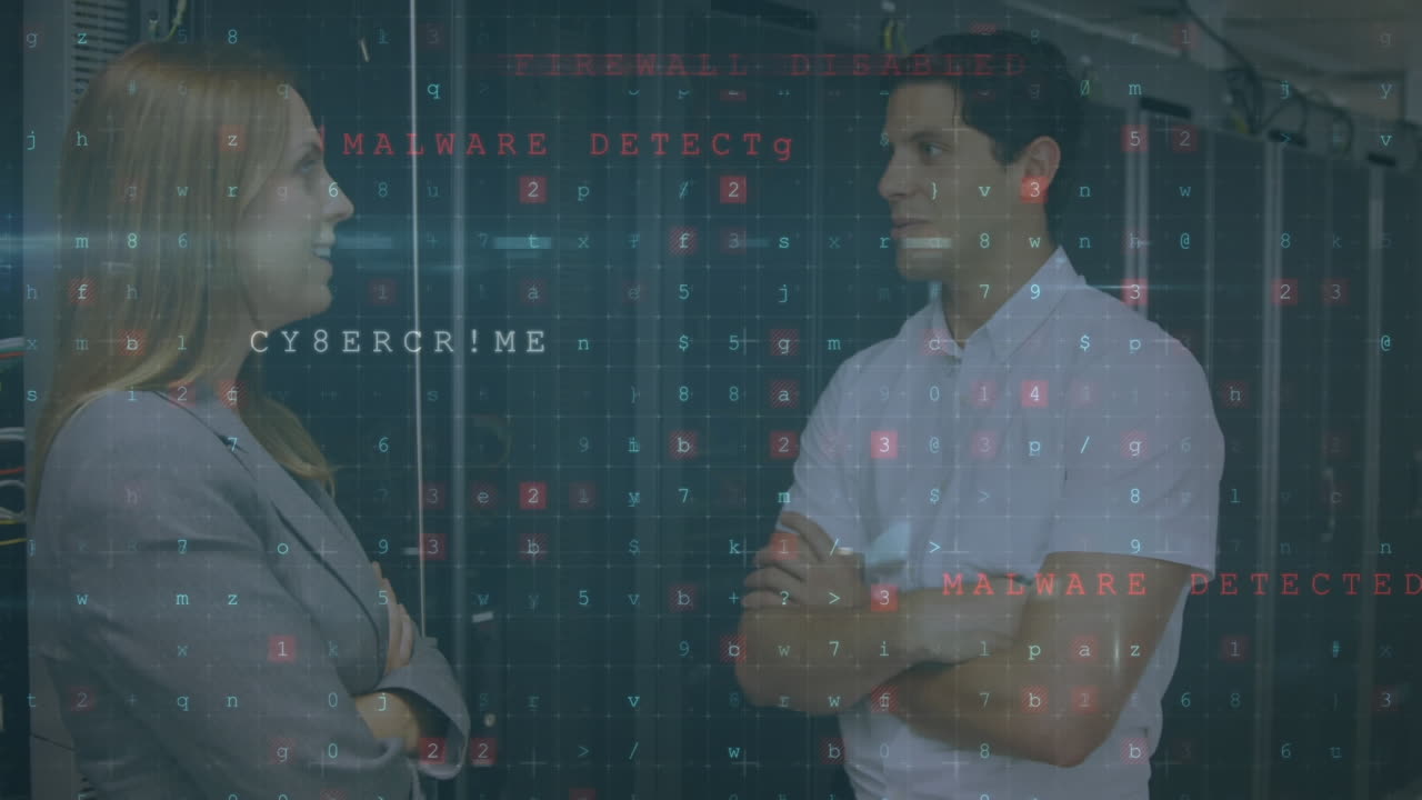 hombre y mujer hablando en una sala de servidores de computadora