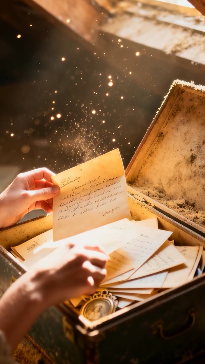 Vertical video: Lifting cuffed hands into attic trunk, lid up, reading letter and finding locket