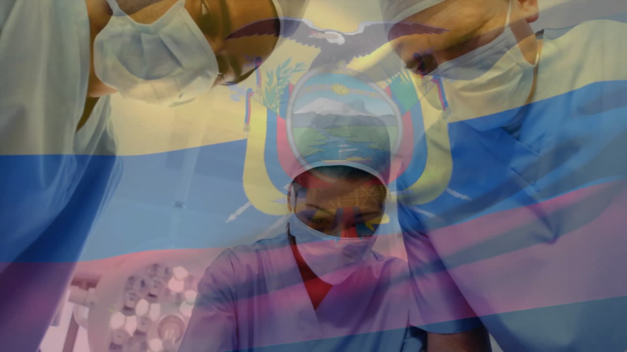 Animazione della bandiera dell'Ecuador sovrapposta a chirurghi di diverse etnie