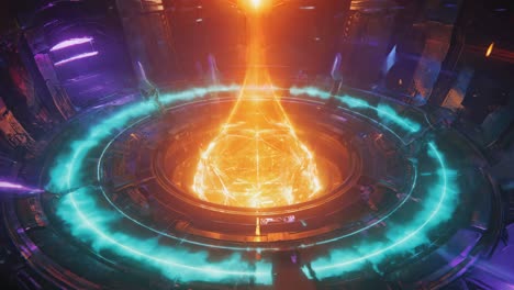 A Human-like Figure Interacts with a Glowing Sci-Fi Energy Core