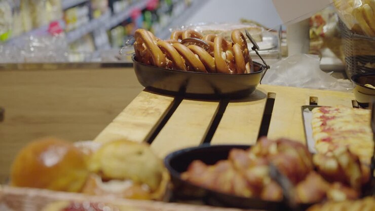 Piatti deliziosi a base di focaccia e pizza in una panetteria italiana, Italia.