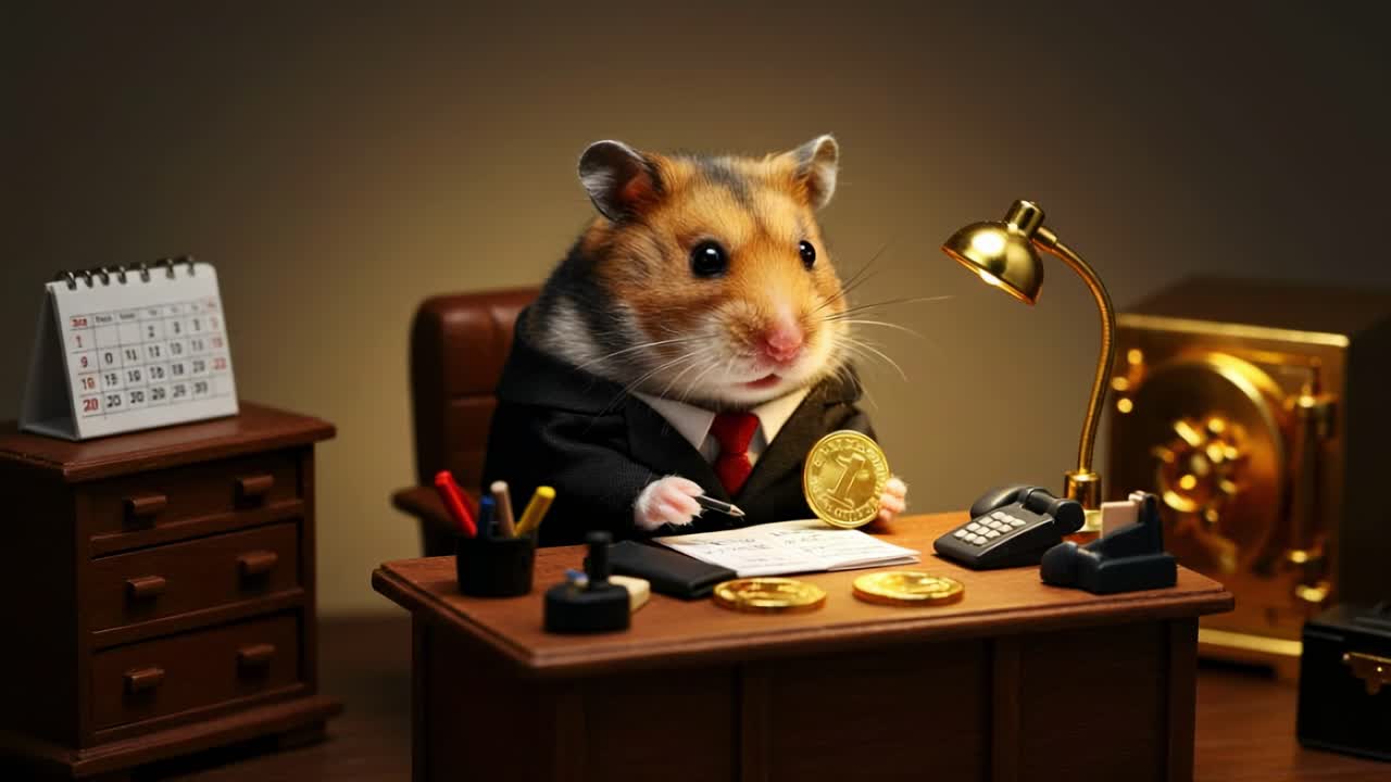 Hamster dressed in a suit works behind a desk in an office setting with coins and a safe in a creative financial scene