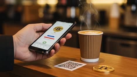 paying with cryptocurrency: a person uses a smartphone for bitcoin payment at a cafe with coffee and a qr code