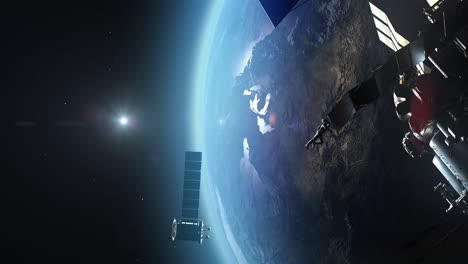 satélite y estación espacial en órbita terrestre