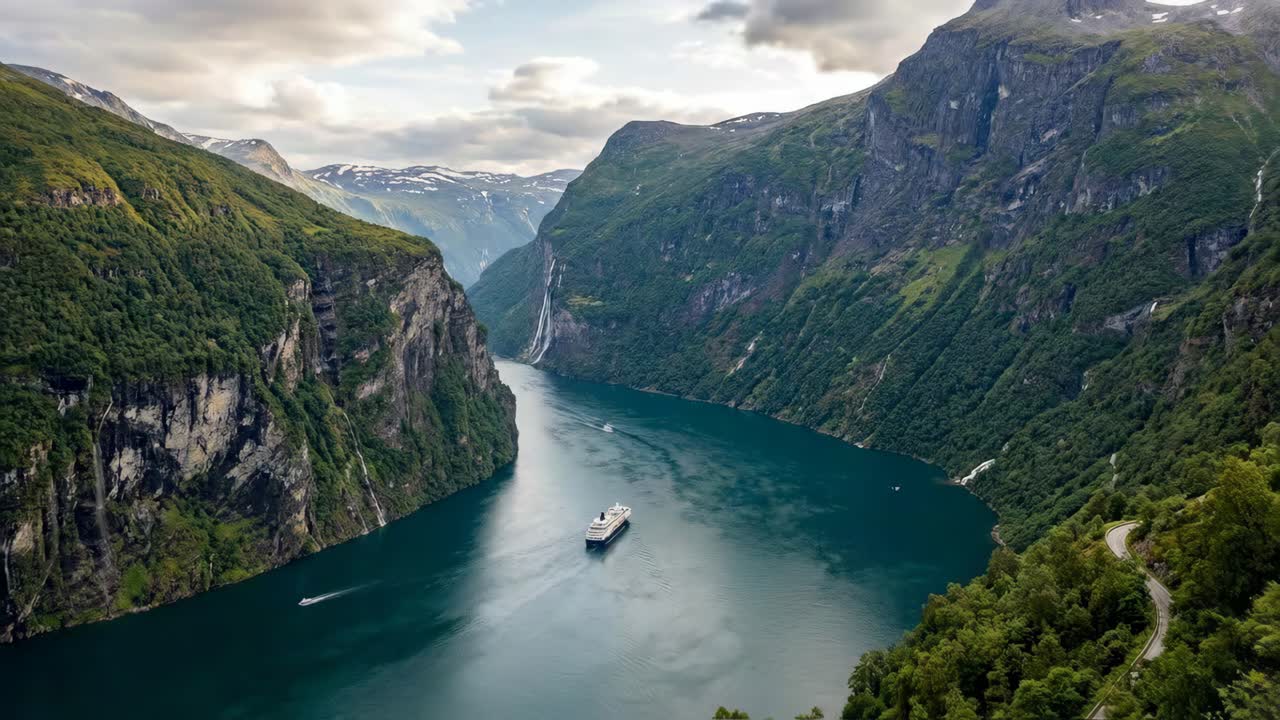 Kreuzfahrtschiff, das durch einen malerischen Fjord fährt