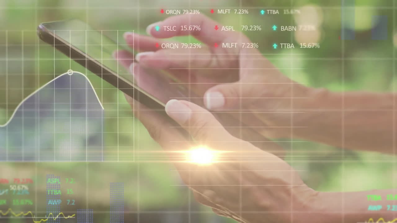 태블릿과 그리드를 사용하여 백인 여성에 대한 금융 데이터 처리의 애니메이션