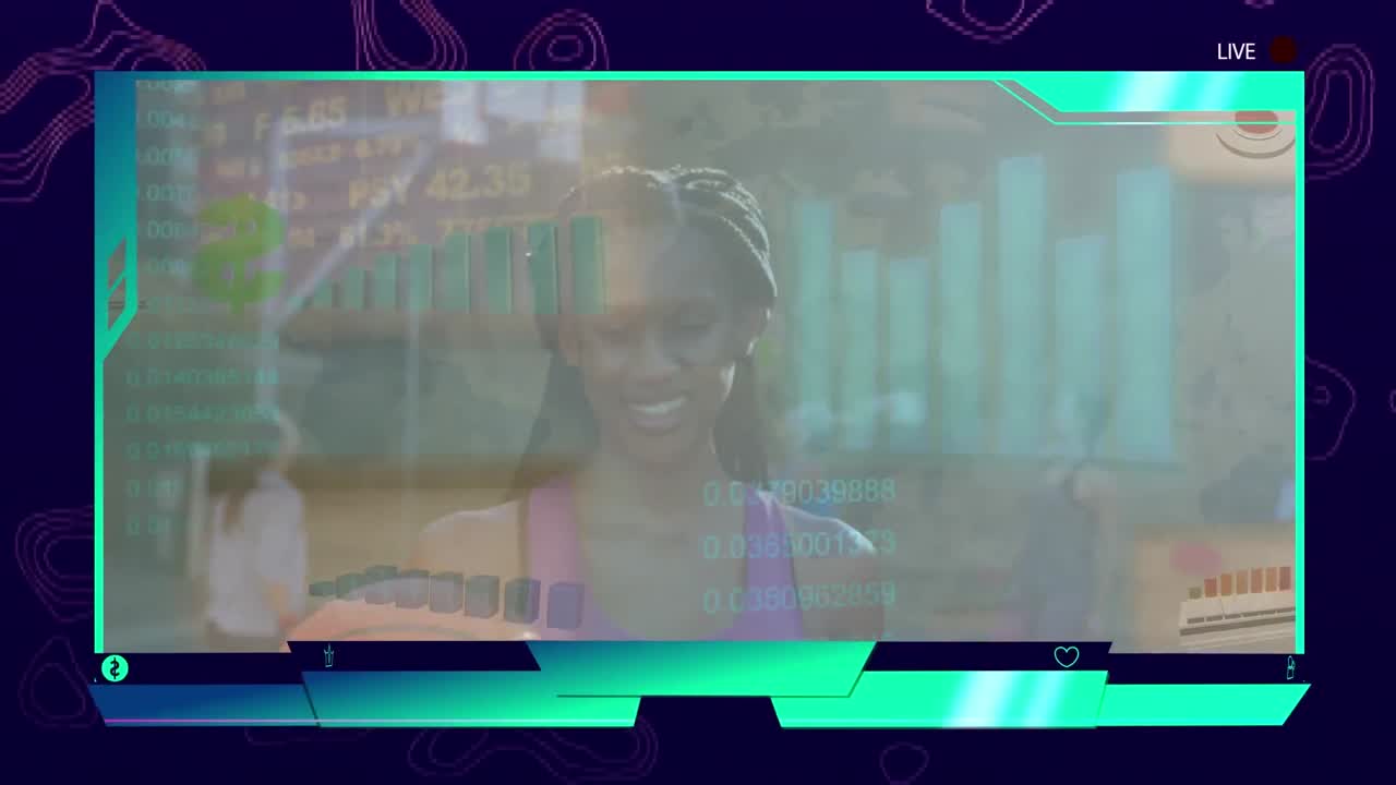 Animation of digital interface with smiling female basketball player over information processing