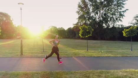 drone view of young couple running in the park, katowice, poland
