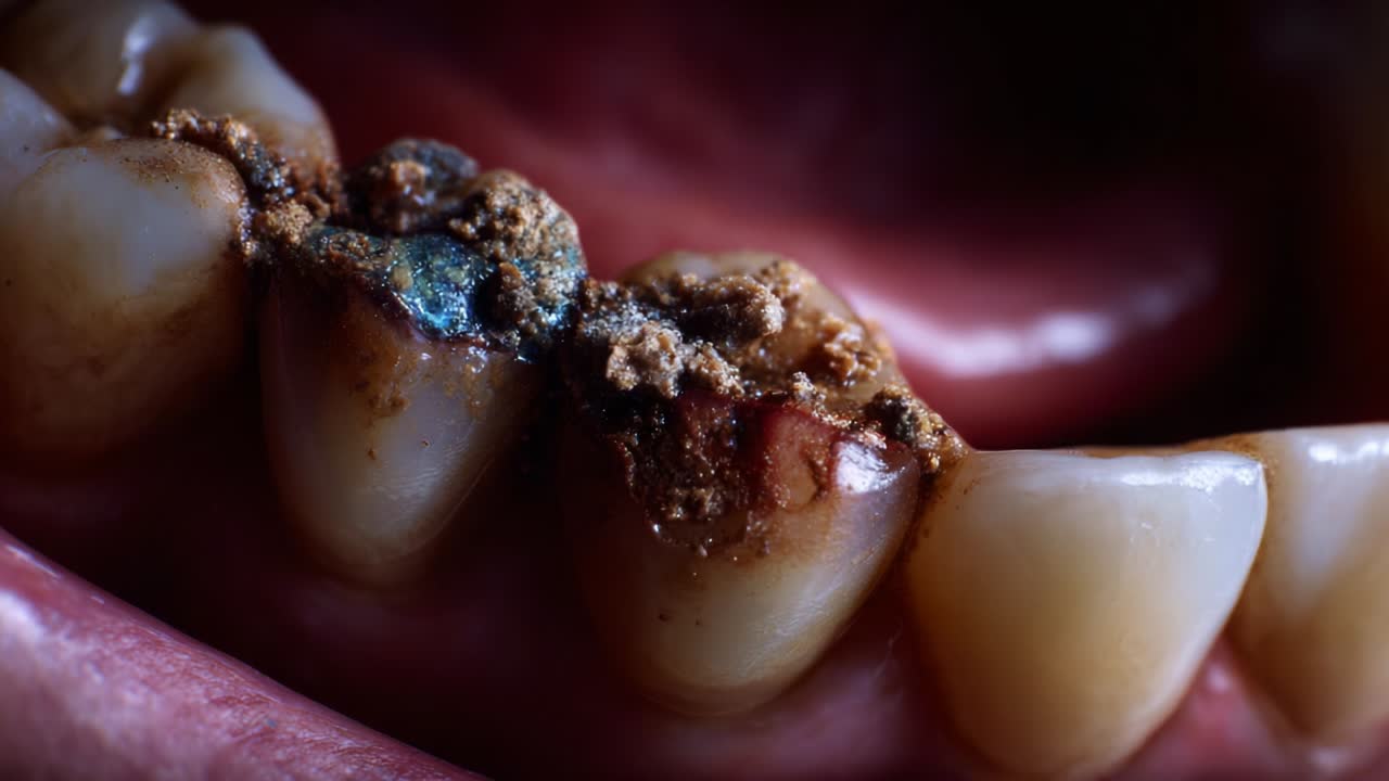 Macro View of Dental Health: A Close Examination of Tartar Buildup on Teeth Highlighting the Need for Oral Hygiene and Awareness of Dental Issues That Can Arise from Neglecting Proper Care